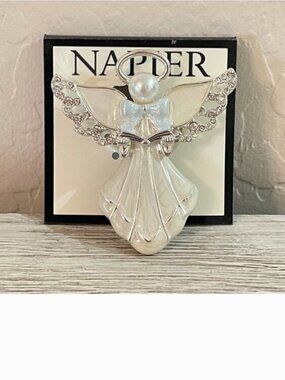 New Napier Angel Pin Brooch Enamel Silver Crystals Pearl NWT Christmas Holiday